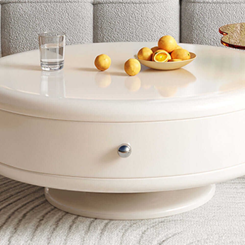 Set of 2 round rotating nesting coffee tables with 2 drawers and tea glass side surfaces