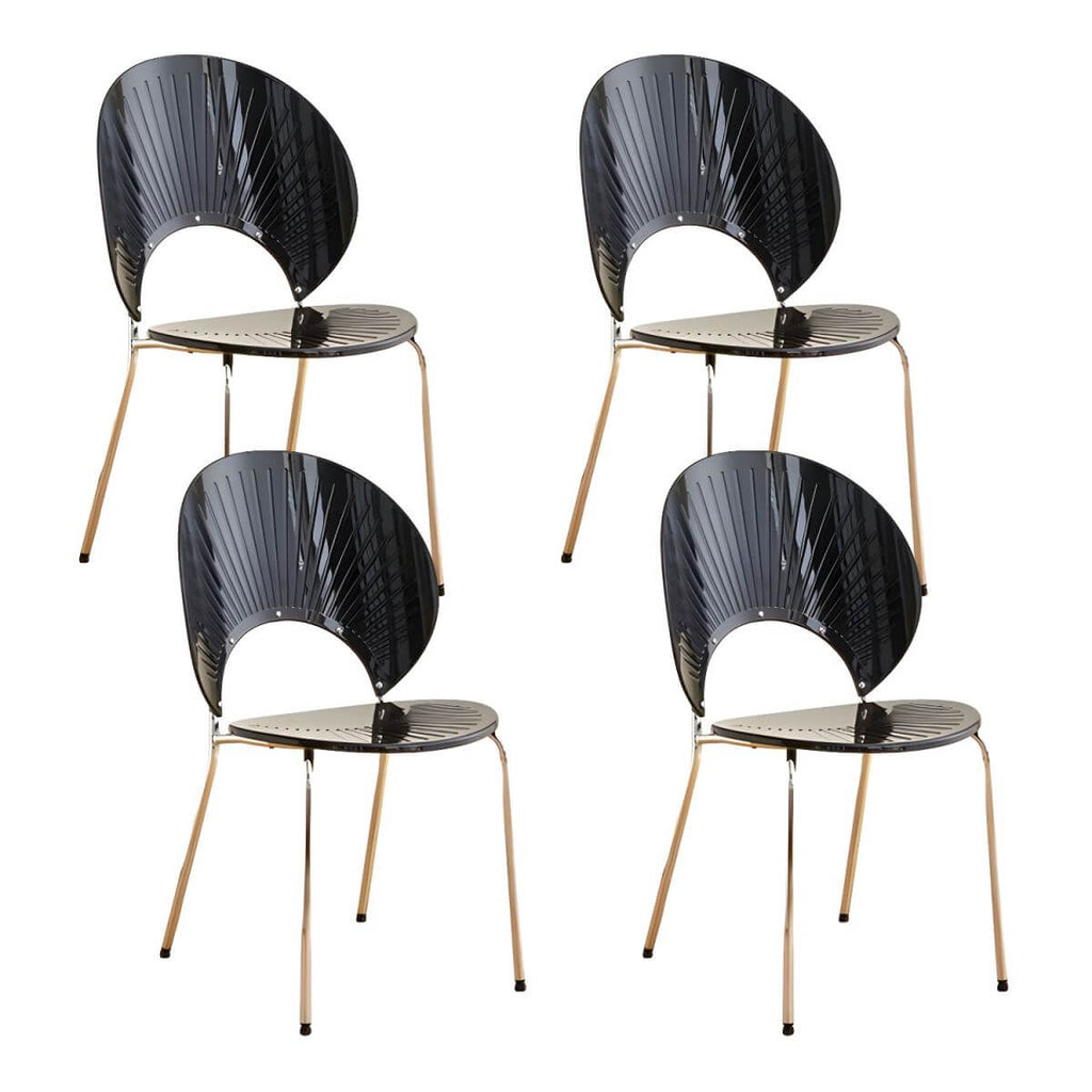 Stackable Scandinavian style dining chair with plastic seat, acrylic back, and silver legs