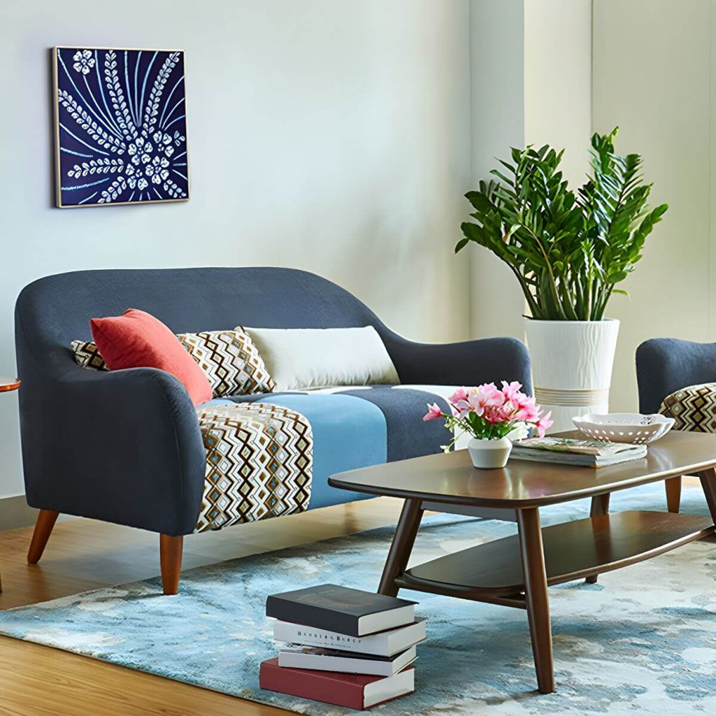 Farmhouse wood sofa with patchwork polyester blend upholstery and foam seat fill main product image