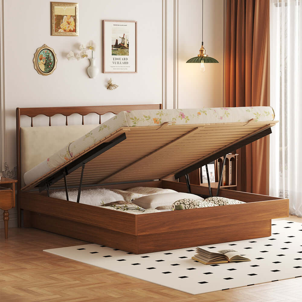 Solid wood vintage floating storage bed with large under-bed drawers for extra space