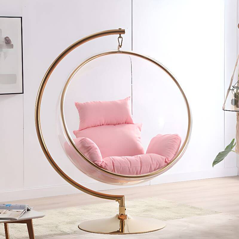 Blue and ruby transparent porch swing with alloy stand, cushions, and chain