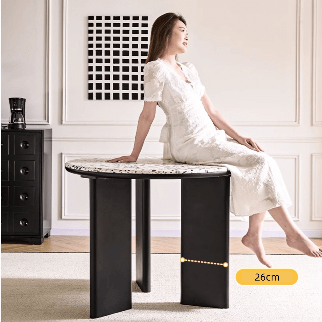 Round terrazzo table with easy-clean surface, perfect for small apartments