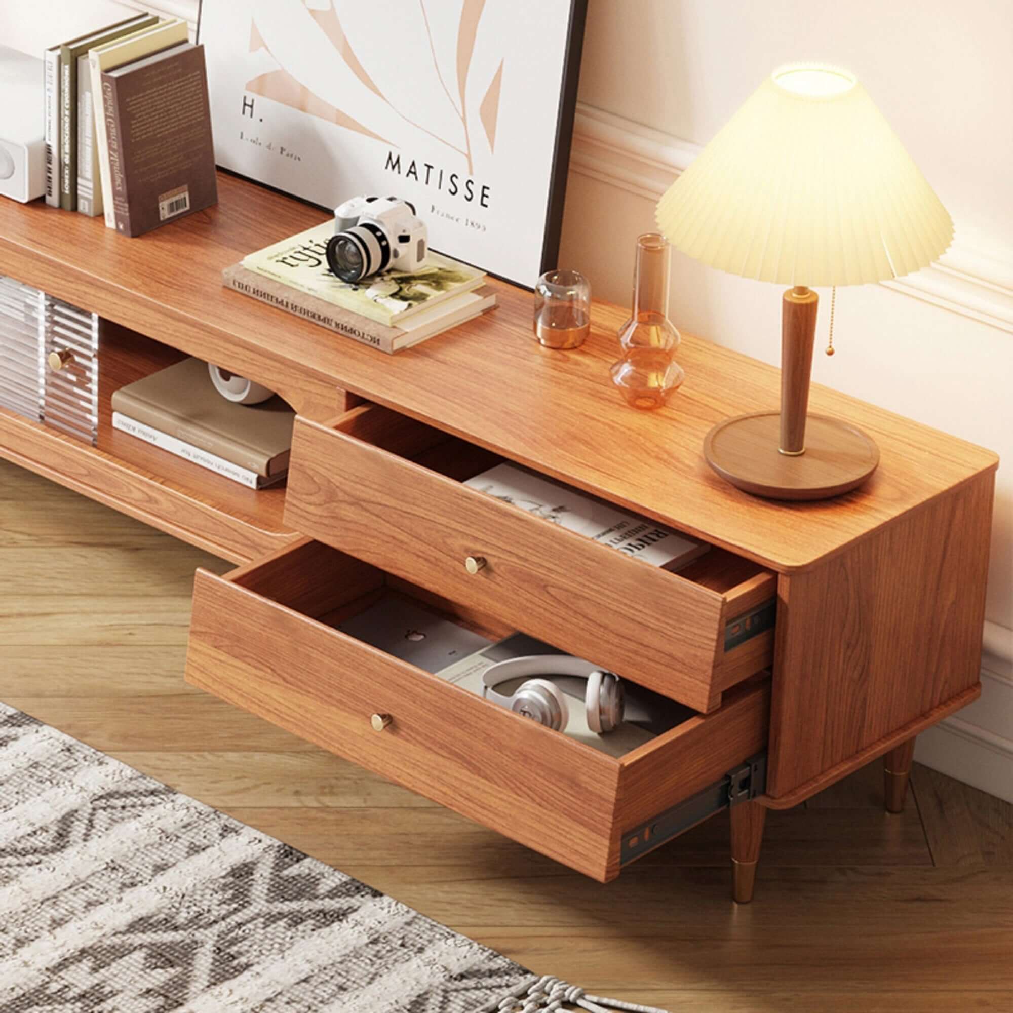 Extendable rectangle wood TV stand with bookshelf and storage drawers for living room