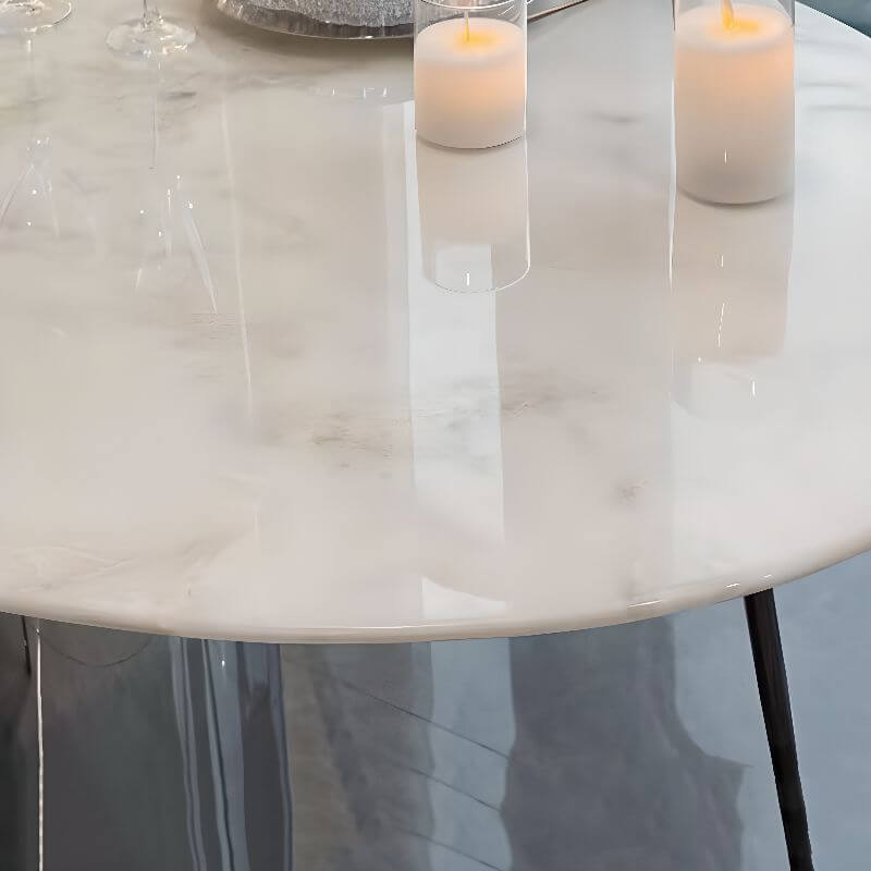 Oblong marble dining table with white Art Deco style and fixed legs