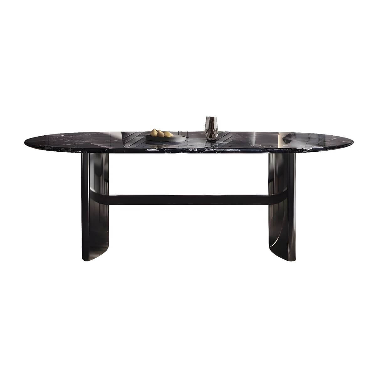Oval dining table with black marble top and trestle metal base, modern dining room set