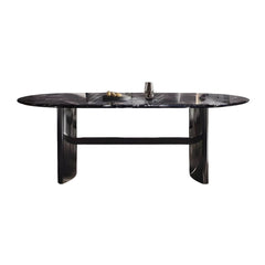 Modern Black Marble Dining Set with Trestle Metal Base - Oval Table Dining Room Sets