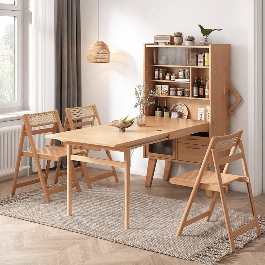 Modern minimalist wood dining room set with foldable features for space-saving