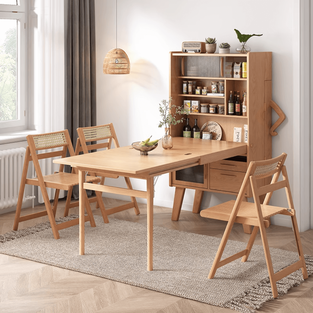 Modern minimalist wood dining room set with foldable features for space-saving