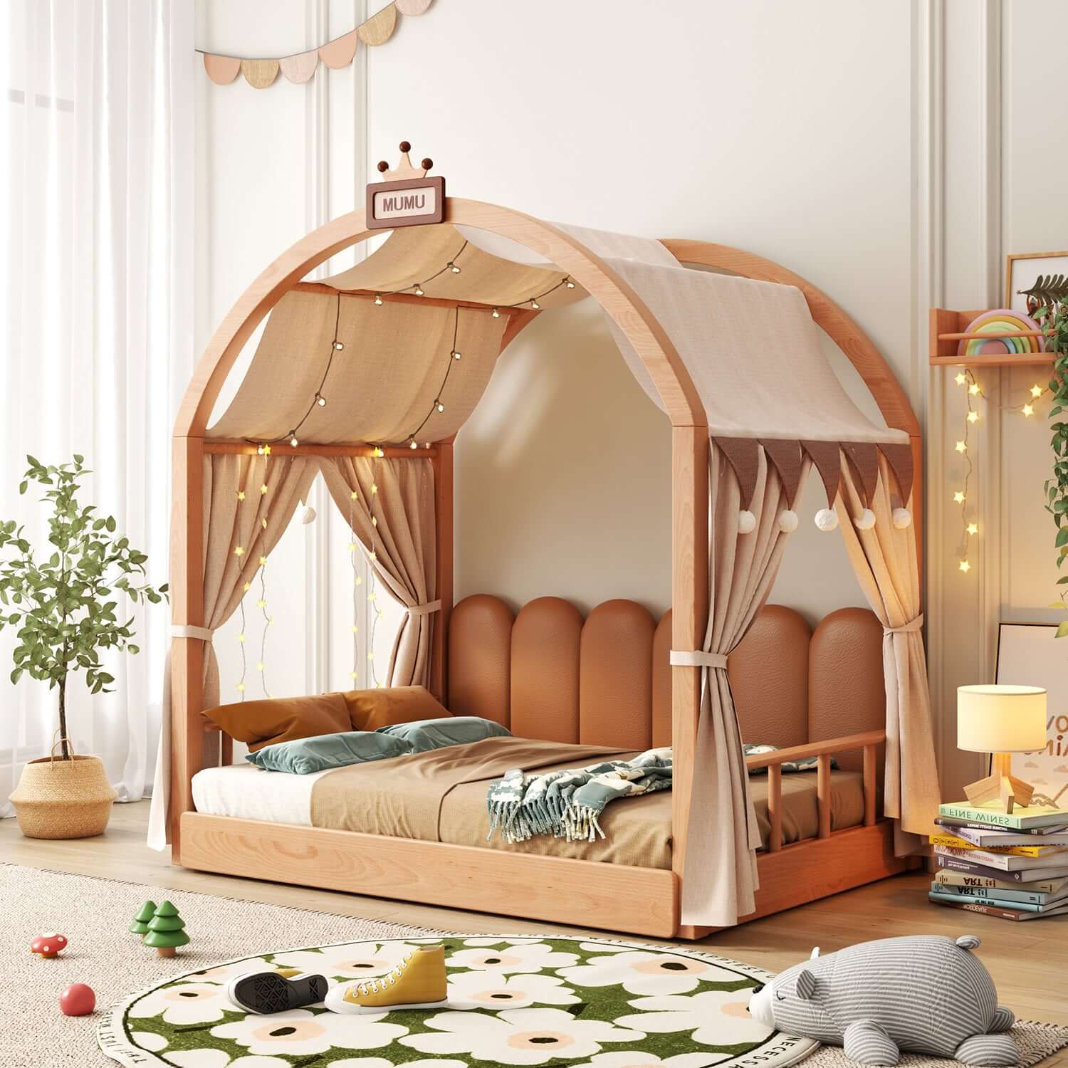 Extendable solid wood kids castle bed with canopy and upholstered headboard, converts from toddler to twin size