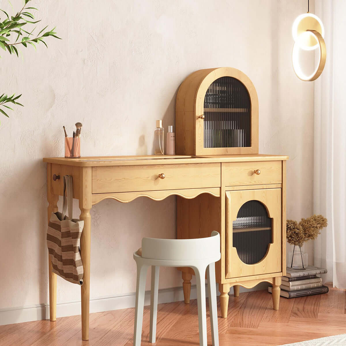 Wooden makeup vanity set featuring jewelry storage and a side cabinet for organization