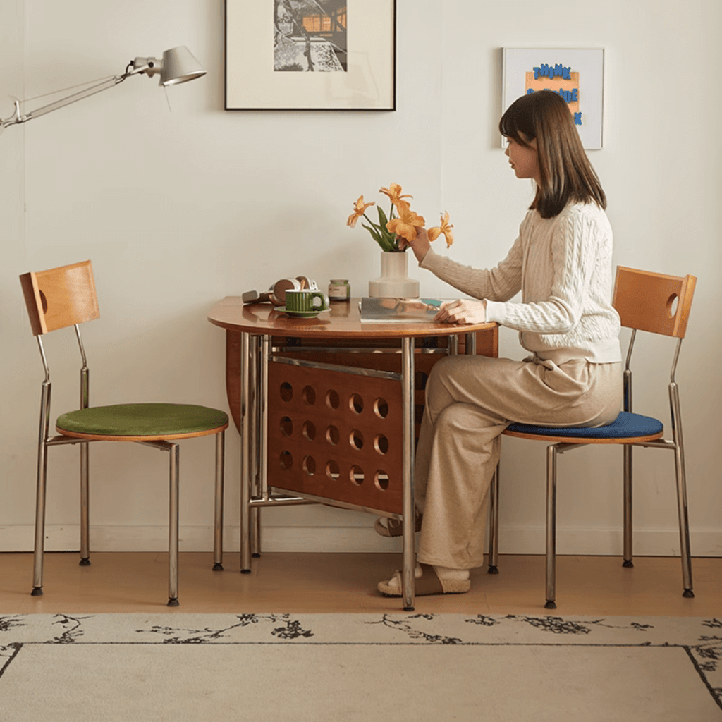 Retro-style dining table with smooth edges, perfect for family meals and work