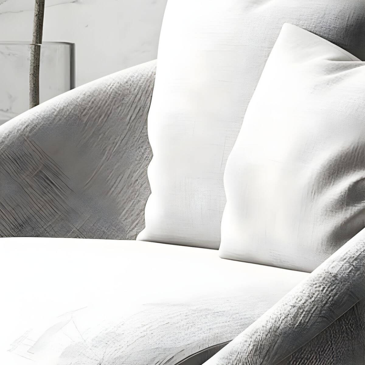 Scandinavian papasan chair with fixed back, sloped arms, cotton blend fabric, and 2 pillows