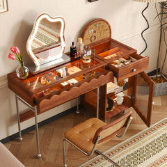 Freely Combinable Solid Wood Makeup Table with Cabinet & LED Mirror