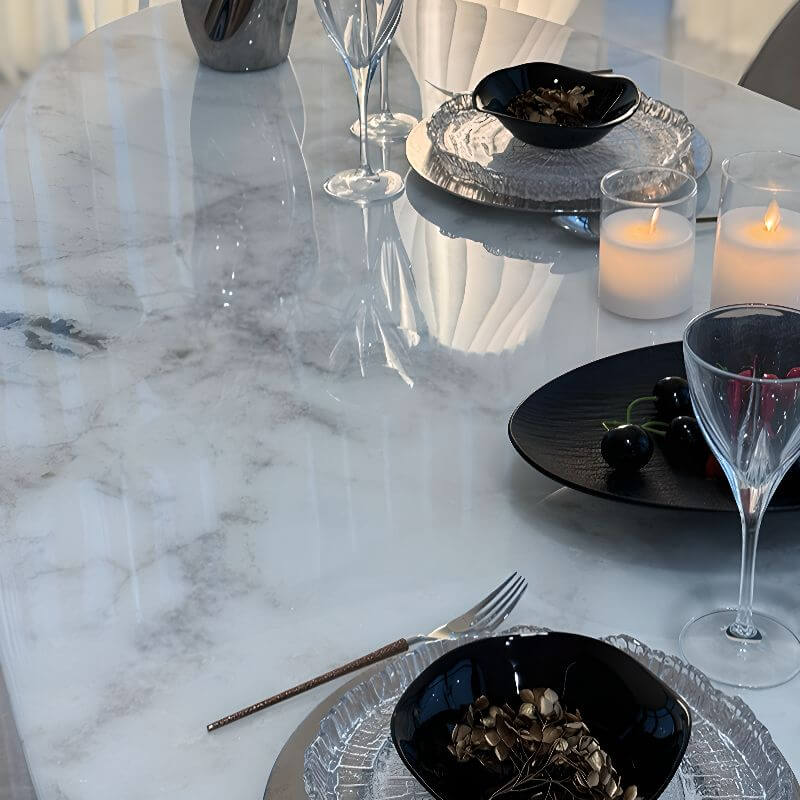 Oblong marble dining table with white Art Deco style and fixed legs