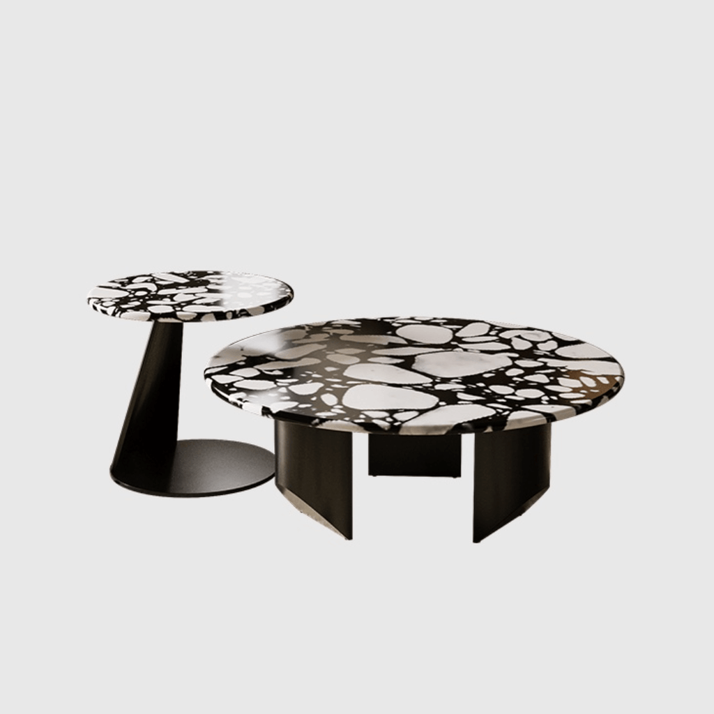 Round terrazzo coffee table set with black and white pattern, perfect for modern living rooms