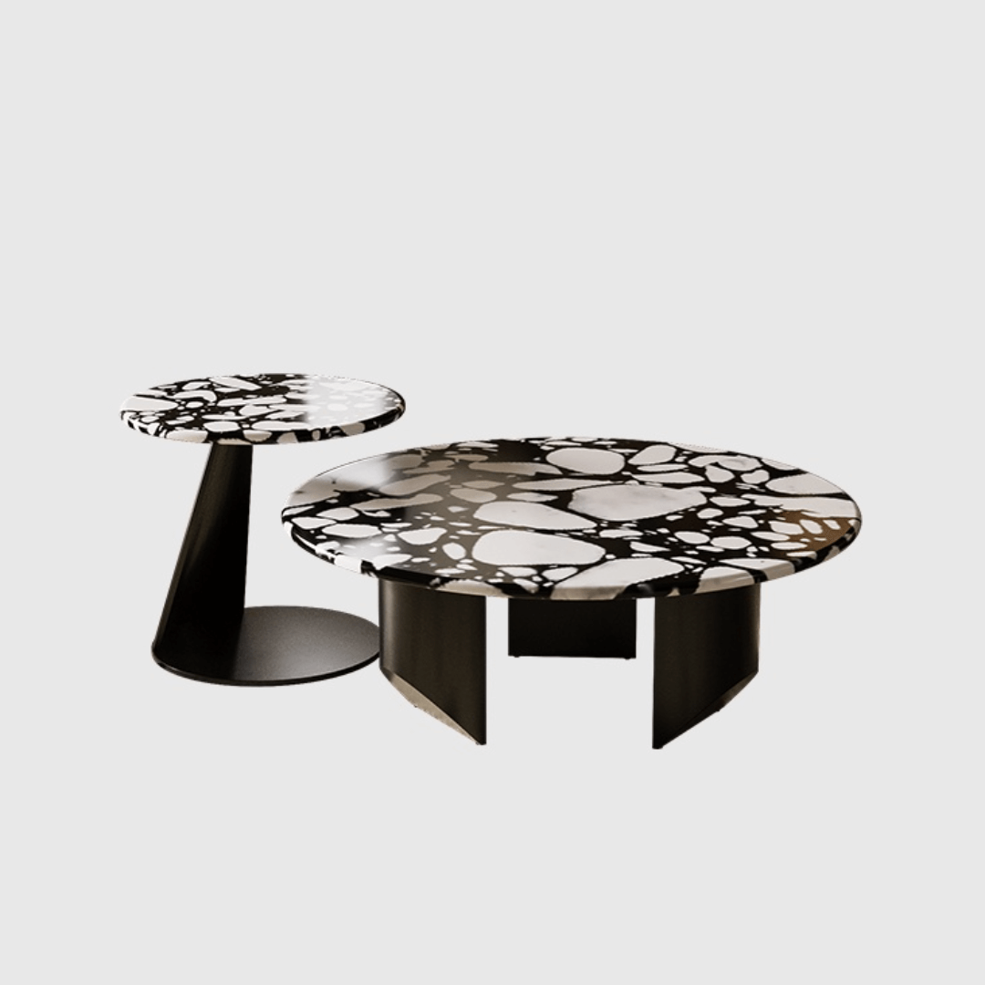 Round terrazzo coffee table set with black and white pattern, perfect for modern living rooms