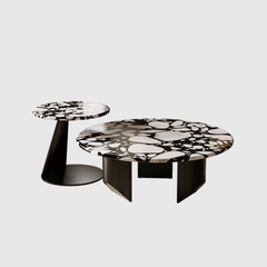 Elegant Terrazzo Coffee Table Set for Modern Living Rooms – Round Design with Unique Black and White Pattern