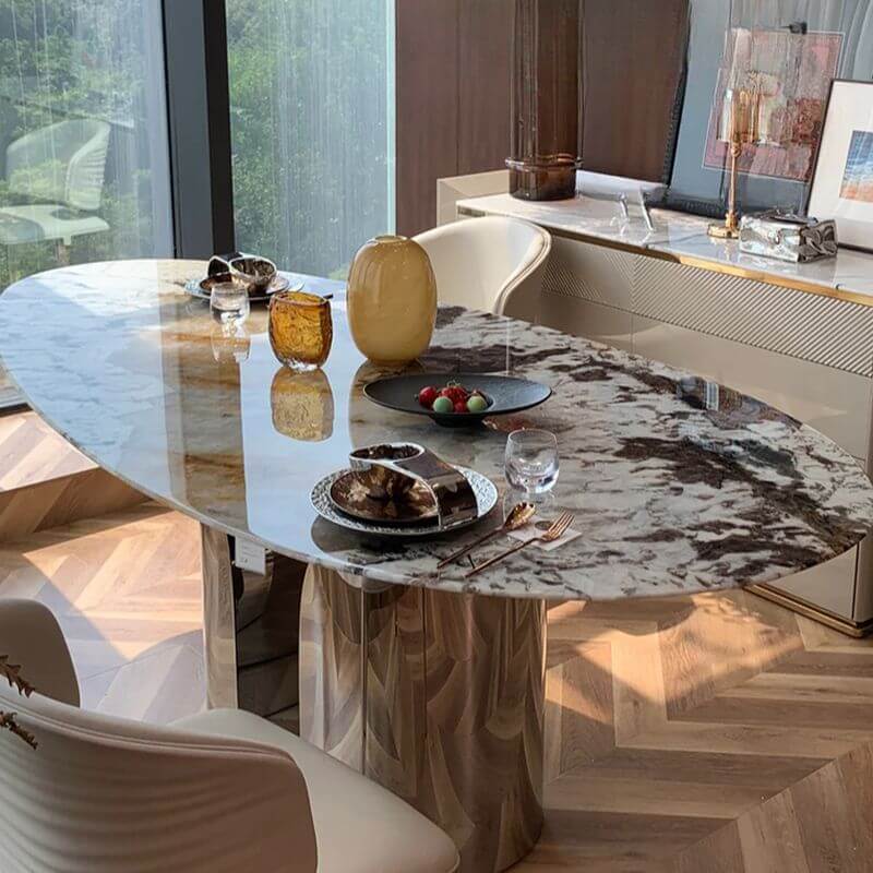 Moderner Anti-Fleck Kratzbeständiger Weißer Spiegel-Finish Elliptischer Marmor-Effekt Esstisch für 8-Personen Sitz/6-Personen Sitz Marmor Küchen- & Esstische Zweitbild