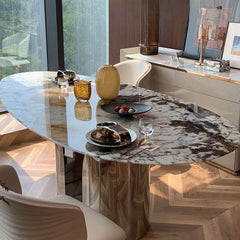 Modern Anti-stain Scratch-tolerant White Mirror Finish Elliptical Marble Effect Dining Table for 8-person Seat/6-person Seat Marble Kitchen & Dining Tables