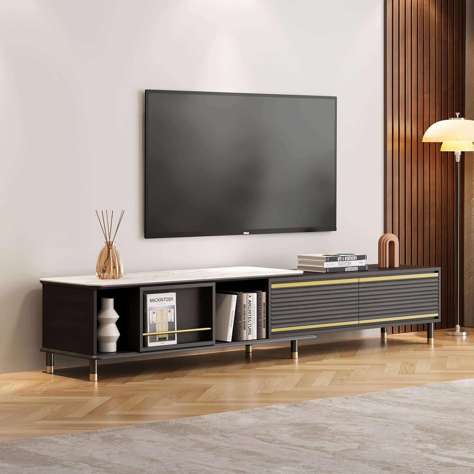 Black modern rectangle TV stand with three drawers for media storage and organization