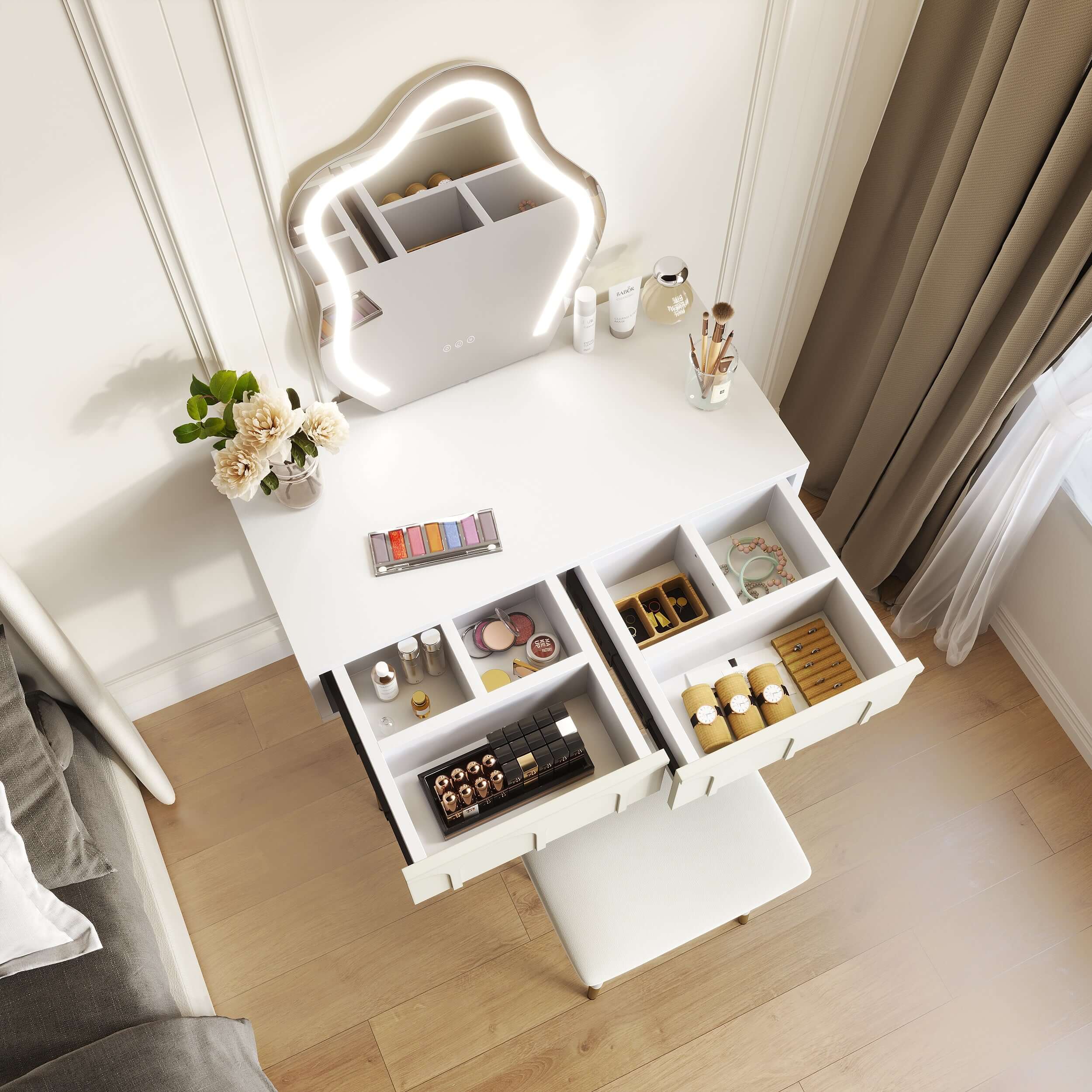 White and black 31.5-inch two drawer dresser with mirror and matching chair