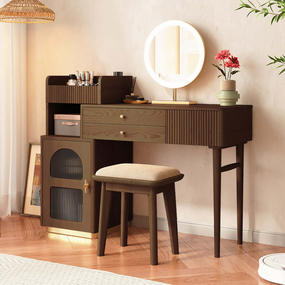Wooden makeup dressing table featuring open storage, drawers, and a cabinet for organization
