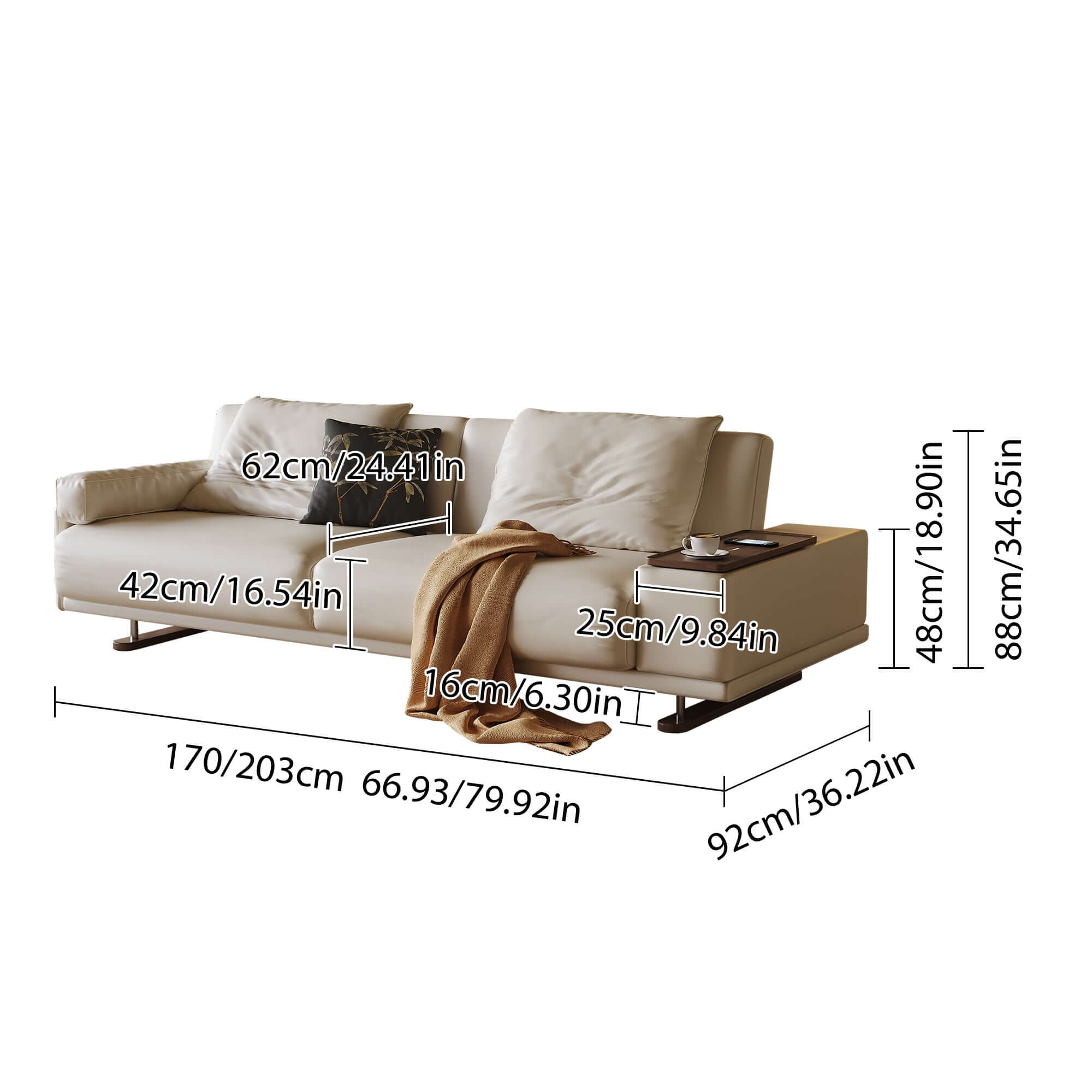 Modern minimalist folding sofa bed with reversible armrests and adjustable side table for versatile living spaces