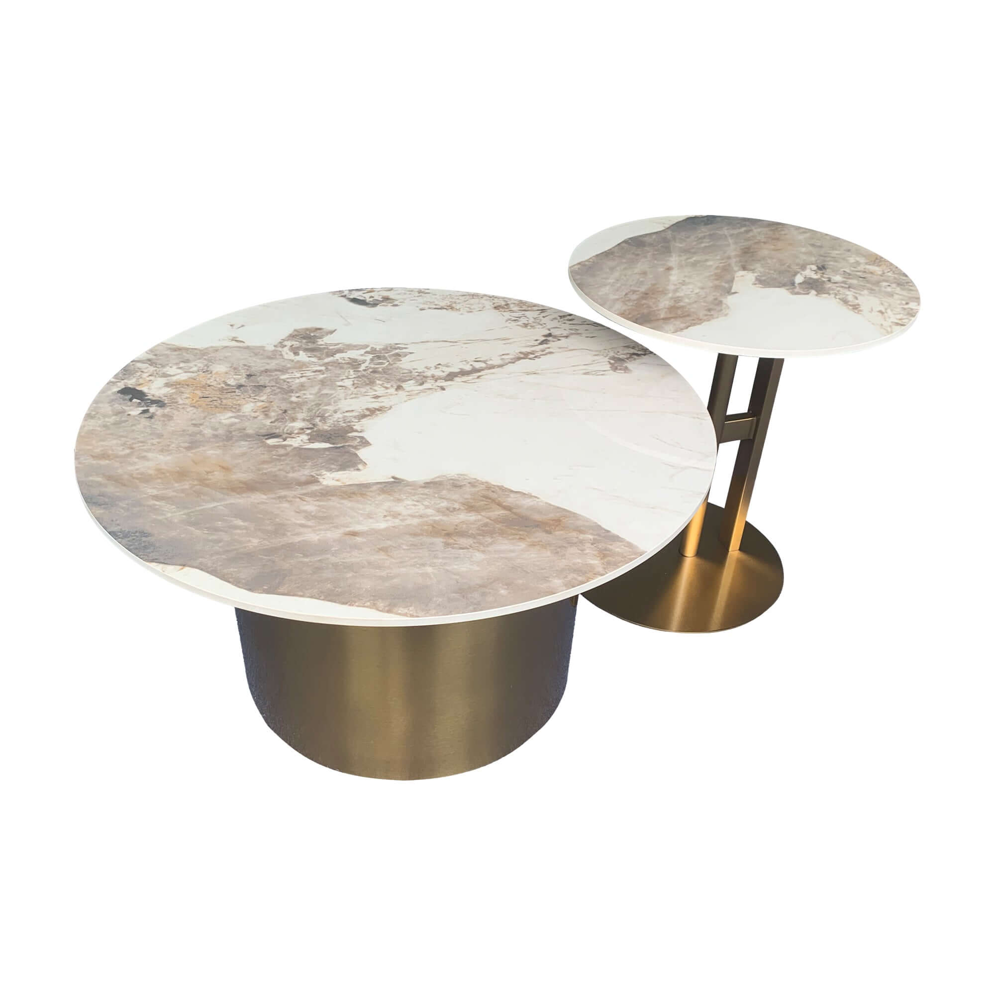 Round nesting coffee table with black and gold frame and durable sintered stone top