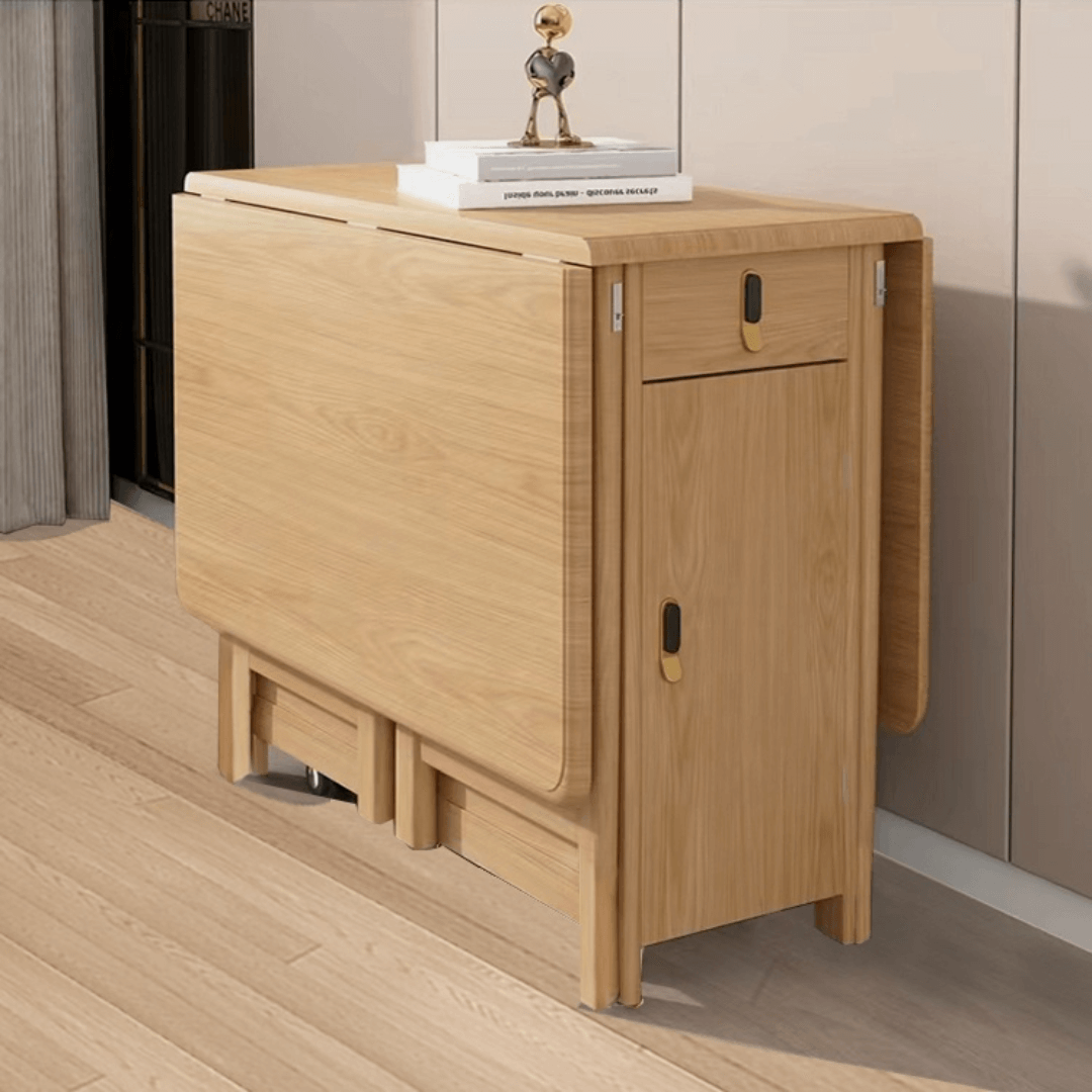 Scandinavian-inspired folding table designed to save space, ideal for family meals and gatherings