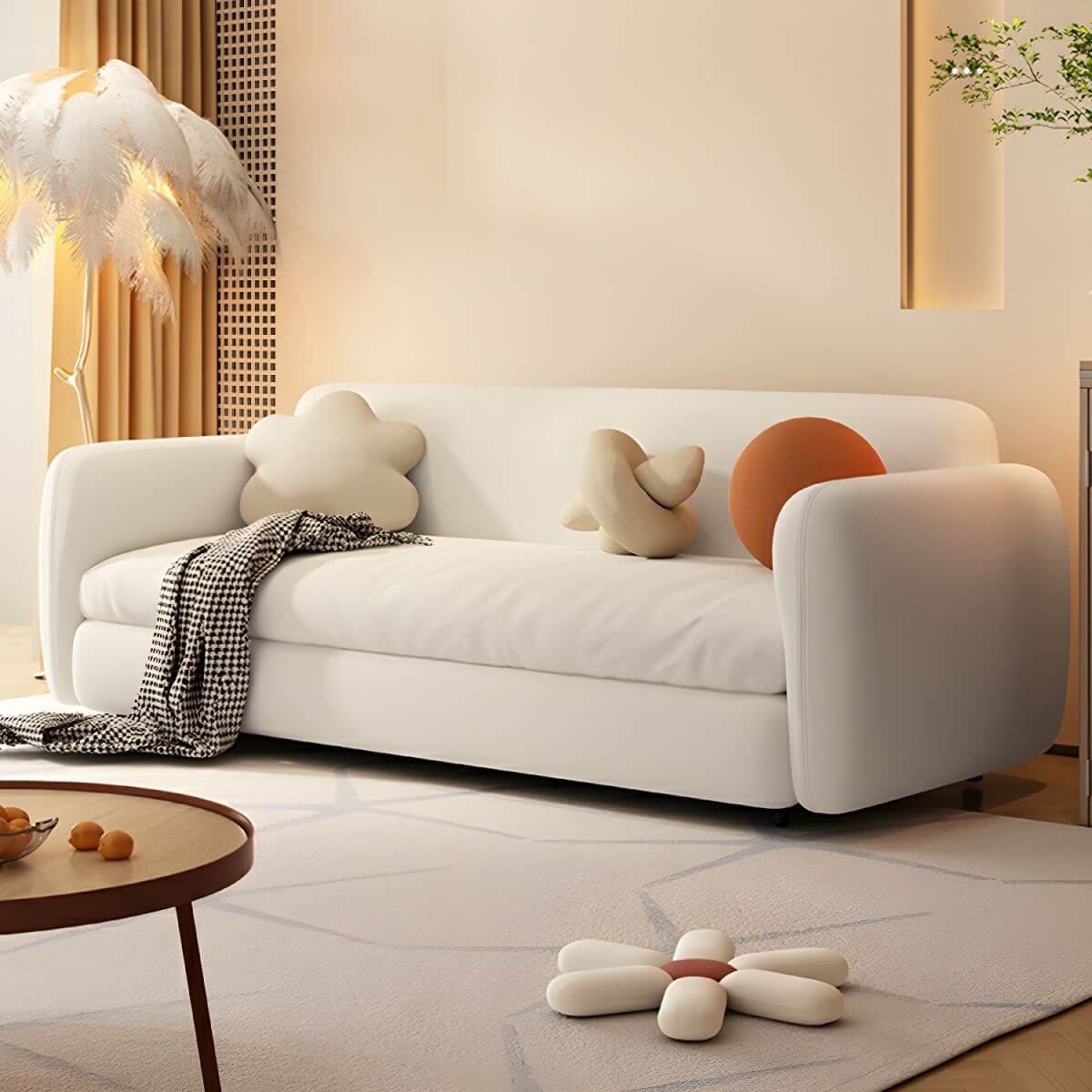 Modern white sleeper sofa with detachable mattress, casters, and black legs, 51 by 37 inches main product image メイン画像