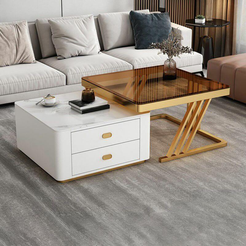 Modern square steel frame nesting coffee tables set with two pieces, including a small table