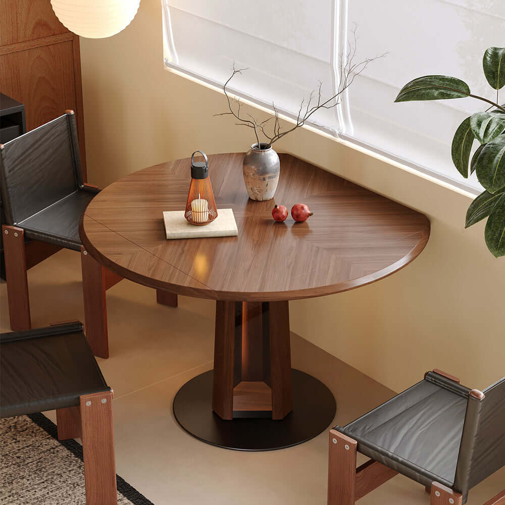 Extendable Nordic style solid wood dining table with foldable square and round design, featuring LED light