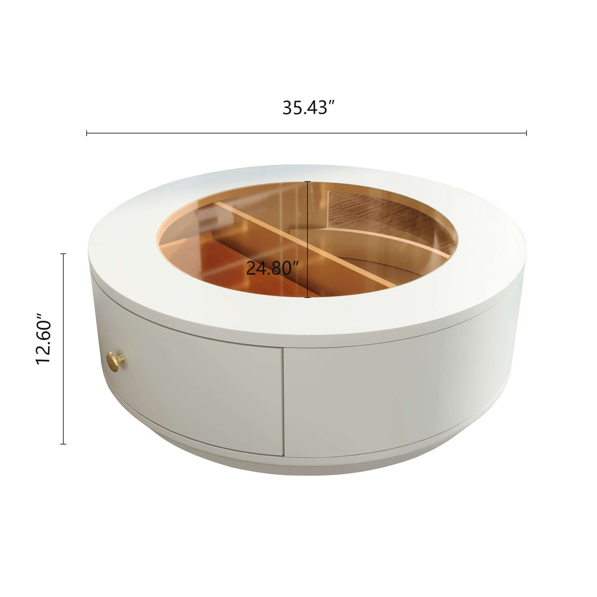 Round coffee table with luxury glass top and built-in drawers for stylish storage
