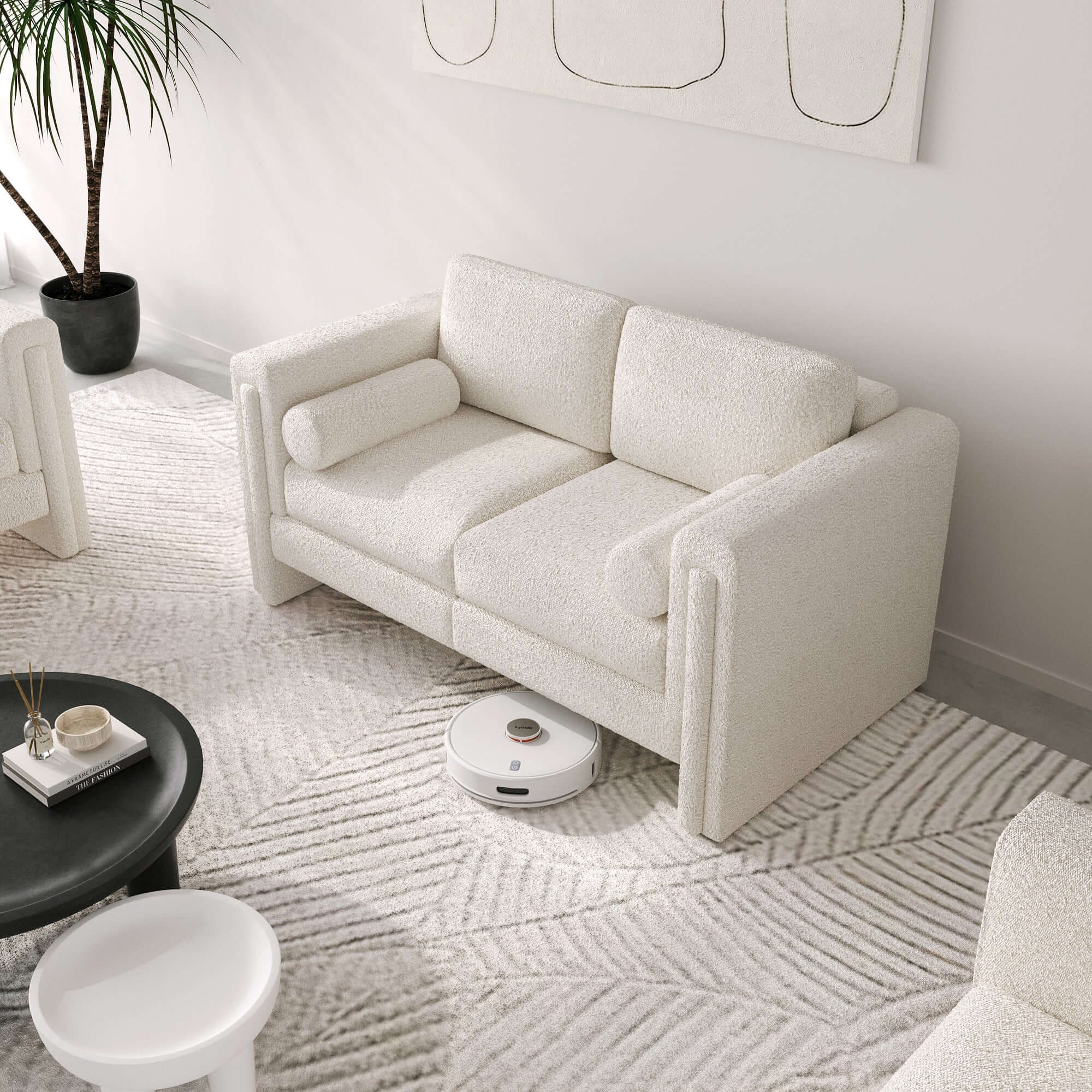 Modern single upholstered sofa armchair in teddy fabric or cotton linen blend