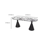 Oval marble dining table set with dual footing, solid back panel, and cushioned chairs