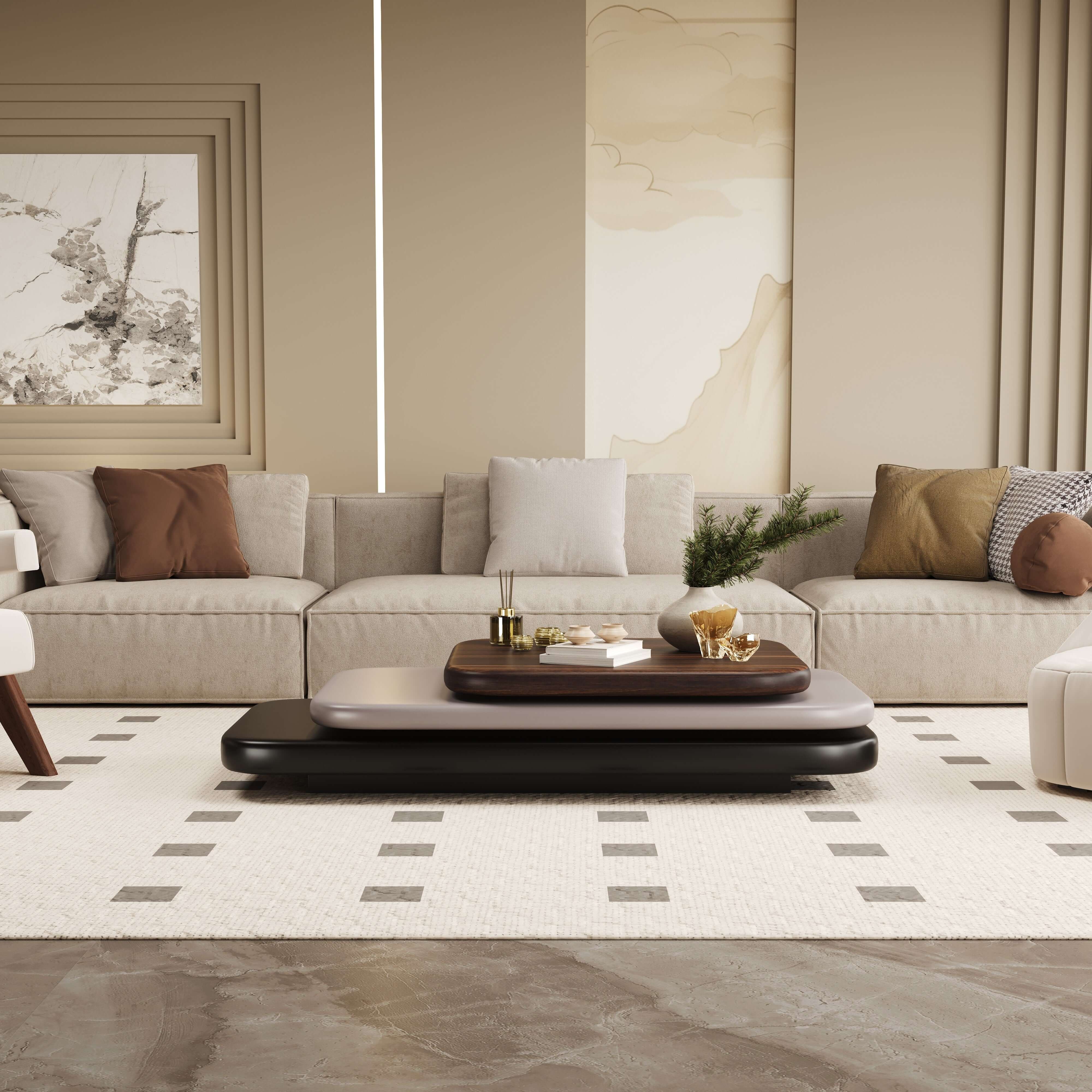 Rotating coffee table with modern minimalist design, perfect for creative living spaces