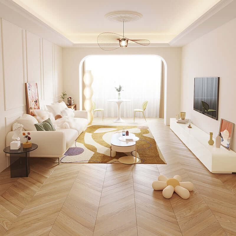 Beige minimalist TV stand and entertainment center with storage drawers for living room