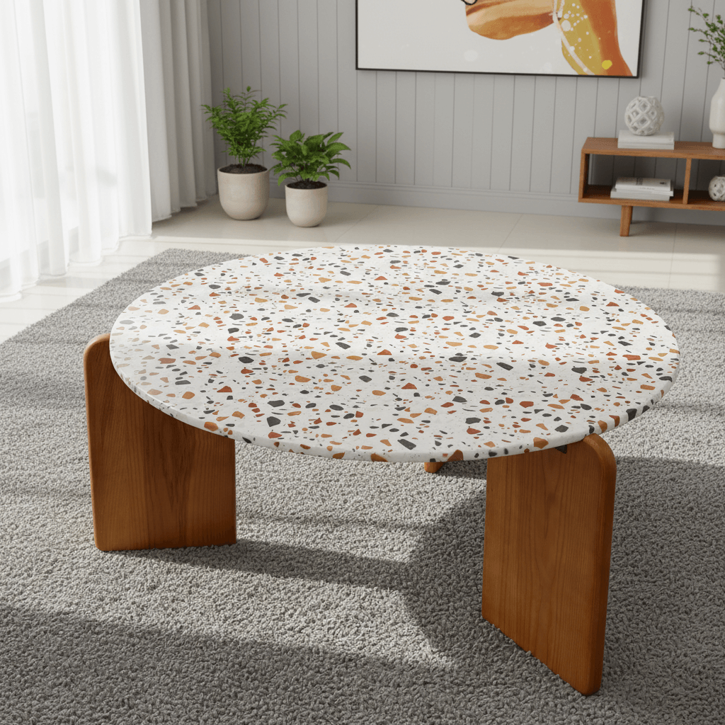 Nordisch Inspirierter Terrazzo-Couchtisch - Einzigartiges Rundes Design mit Qualitätsholzbeinen Zweitbild