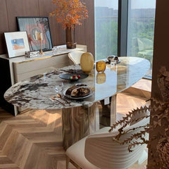 Modern Anti-stain Scratch-tolerant White Mirror Finish Elliptical Marble Effect Dining Table for 8-person Seat/6-person Seat Marble Kitchen & Dining Tables