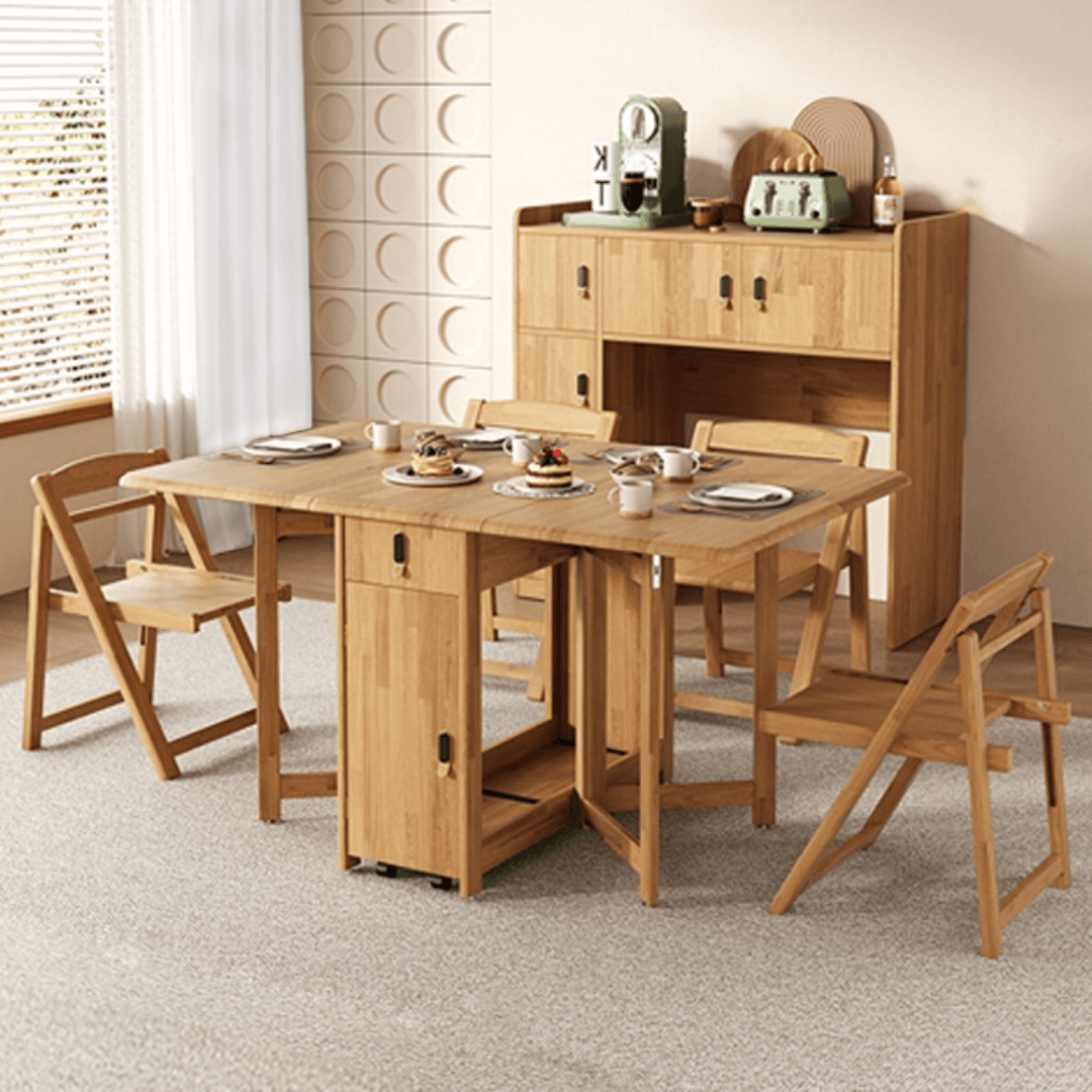 Scandinavian-inspired folding table designed to save space, ideal for family meals and gatherings