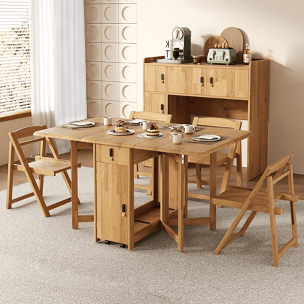 Scandinavian-inspired folding table designed to save space, ideal for family meals and gatherings