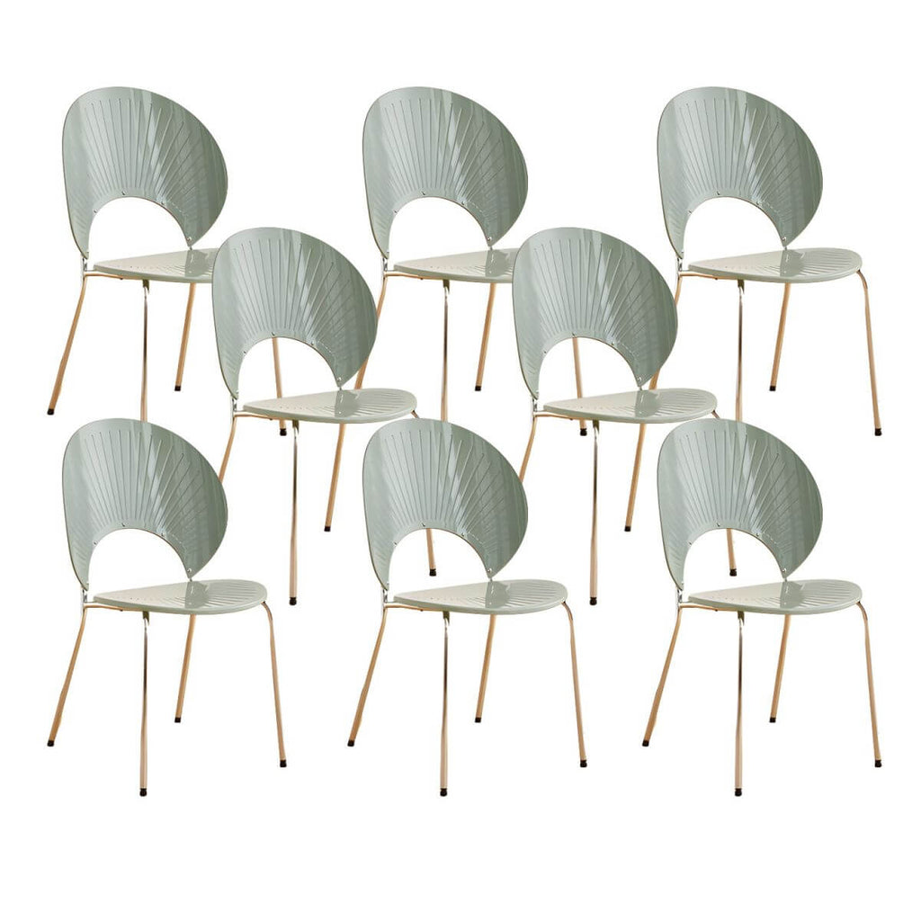 Stackable Scandinavian style dining chair with plastic seat, acrylic back, and silver legs