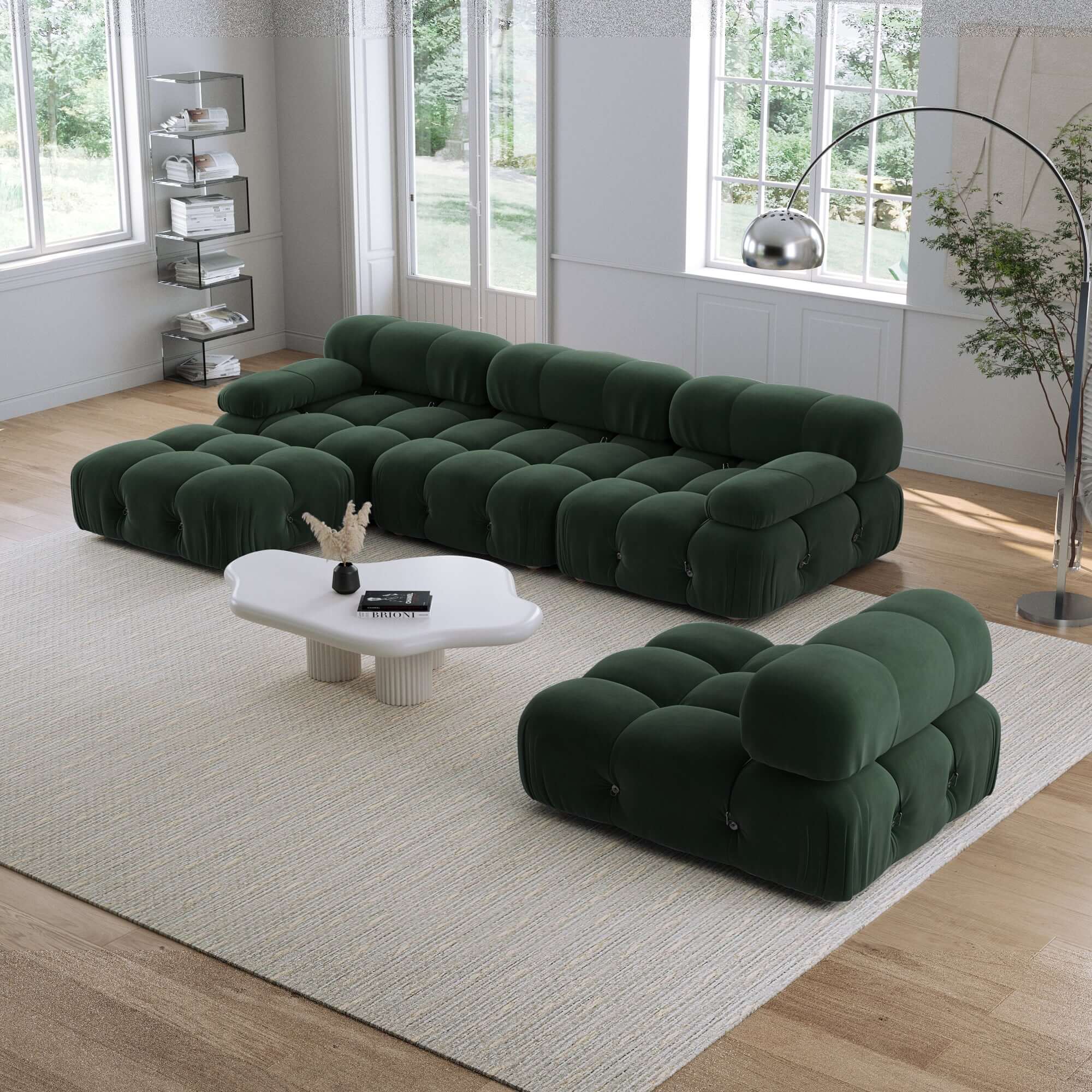 Velvet 4-seater sofa with chaise lounge, perfect for spacious living rooms