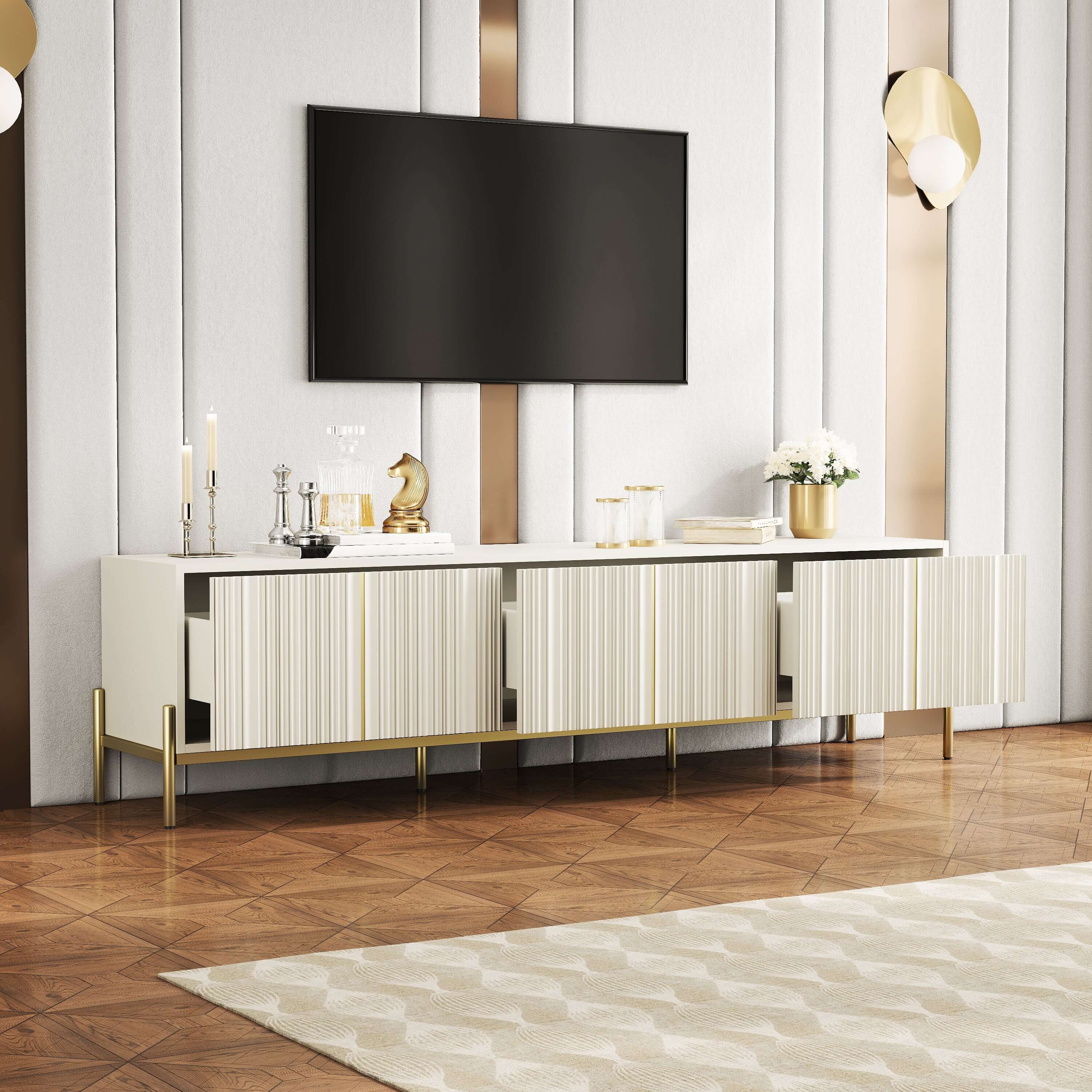 Beige TV stand with metal feet, 78.7 inches wide, featuring storage and entertainment center