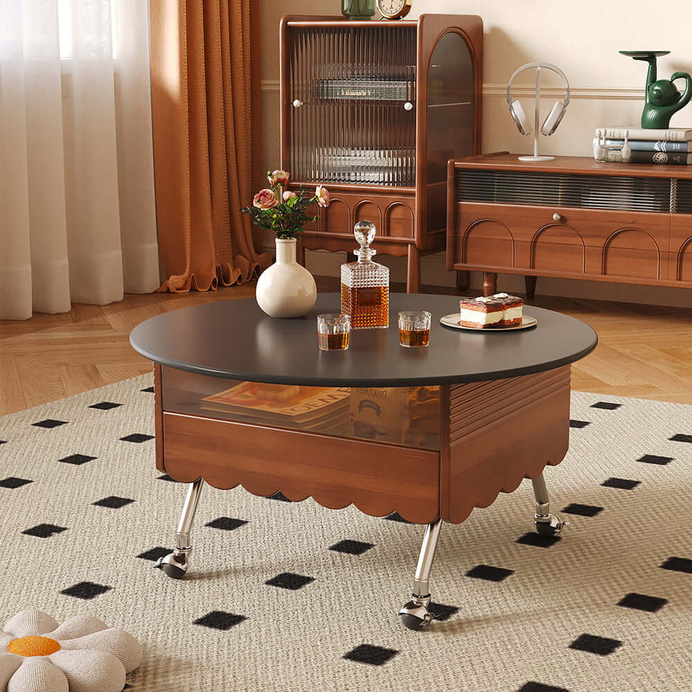 Retro round coffee table with adjustable height and wheels for easy mobility