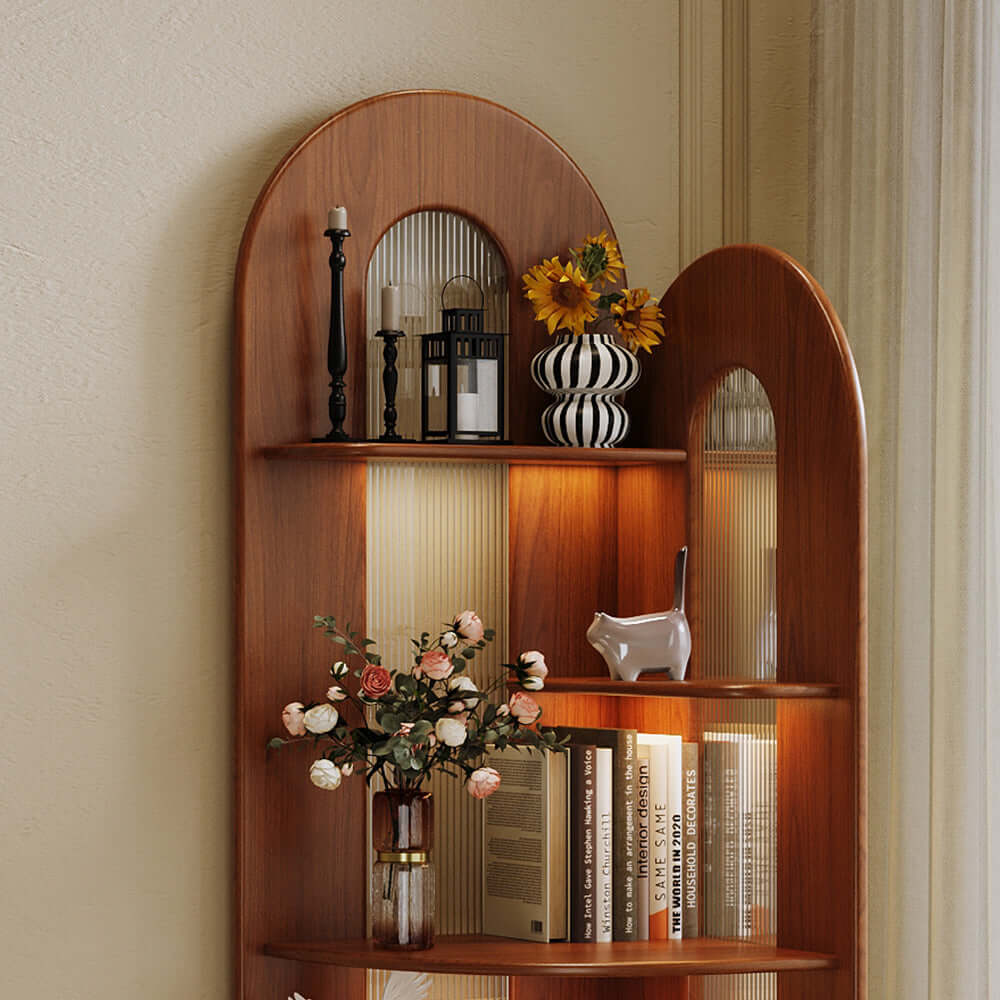 Retro solid wood corner shelf bookcase designed to save space in small living areas