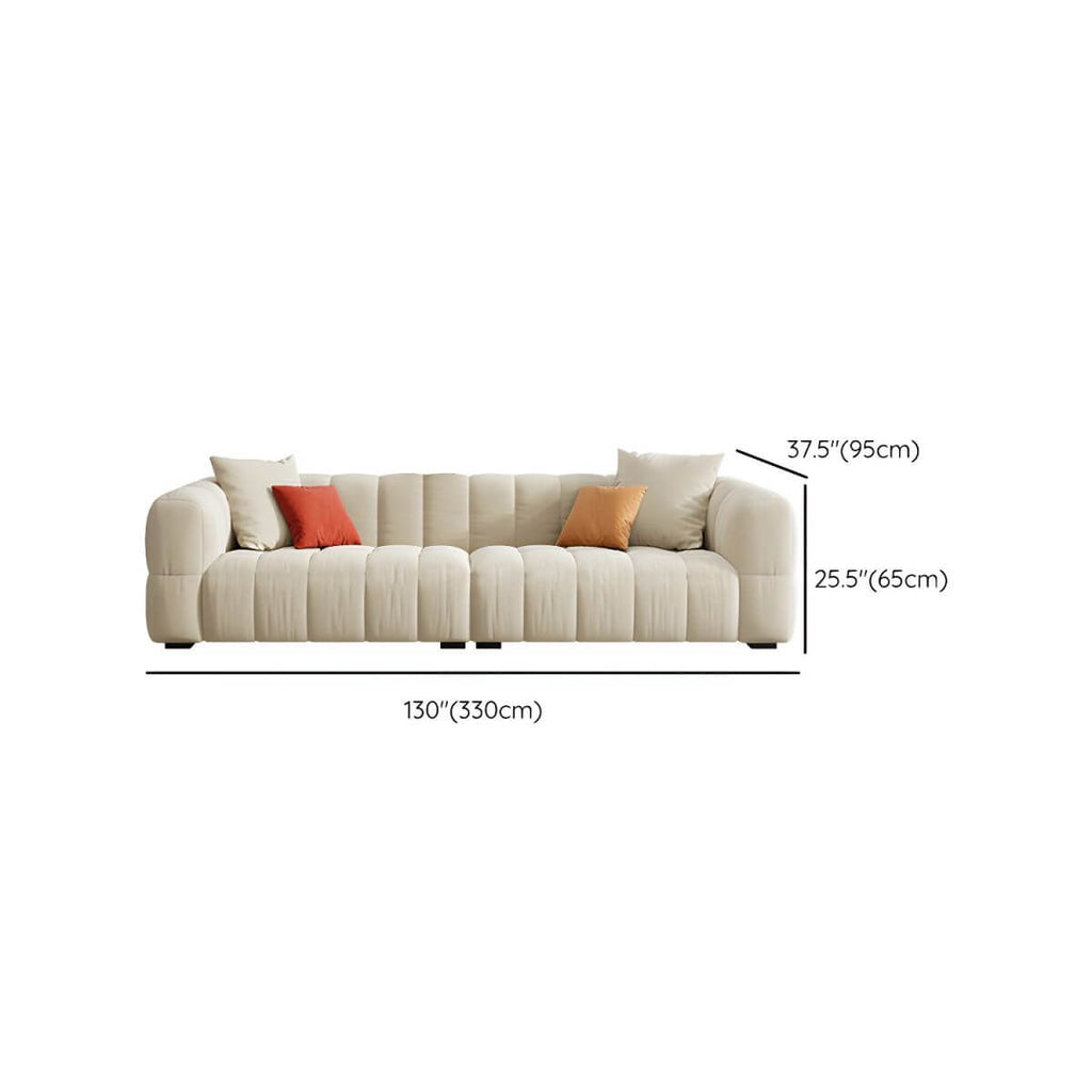 Beige upholstered wood sofa with square arms and sewn pillow back for modern living rooms