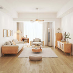 Canapé moderne beige 3 places en tissu de lin rembourré avec cadre en bois massif pour le salon