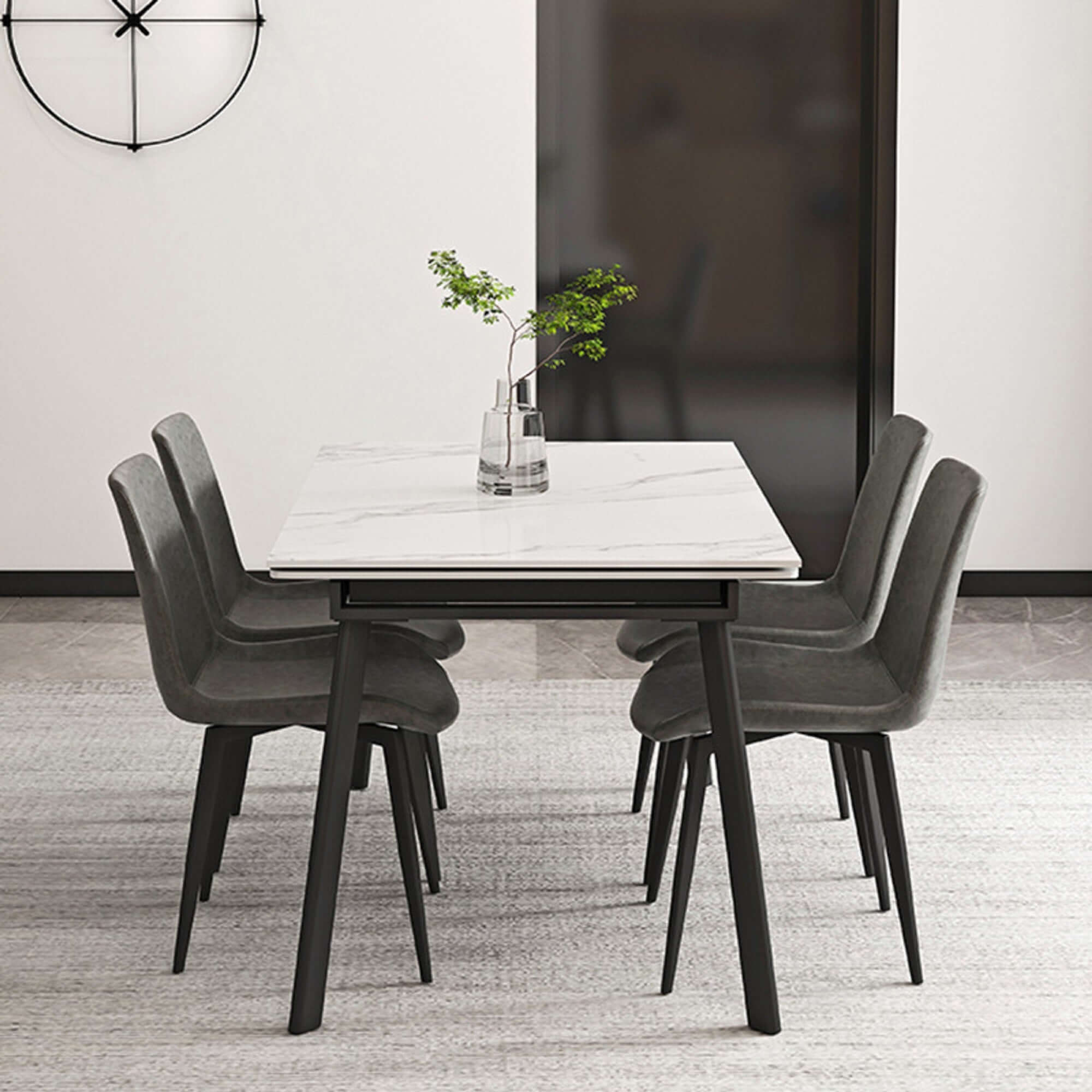 Extendable rectangle dining table with sintered stone marble tabletop for 4 to 8 people