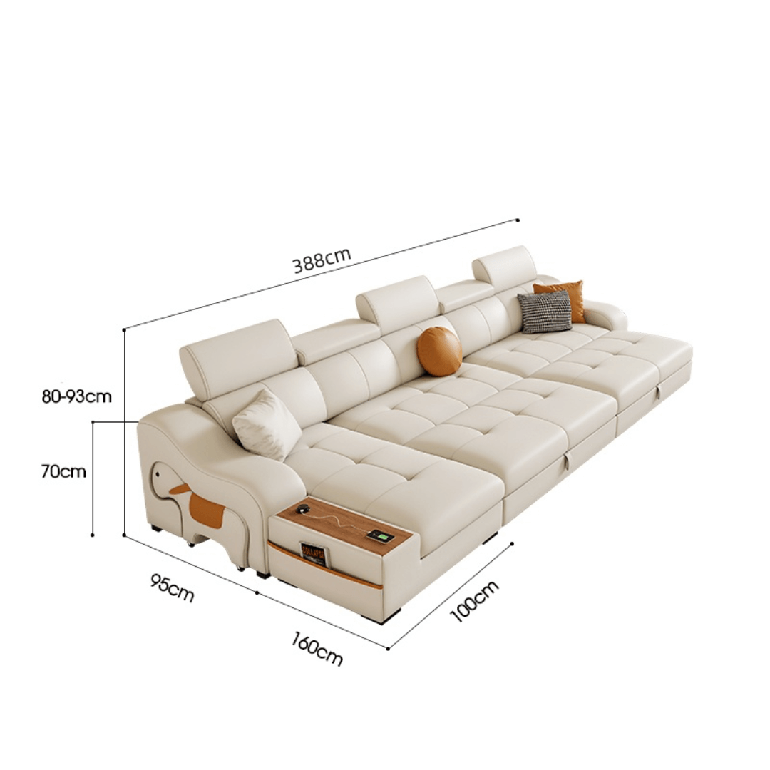 Space-saving sofa bed with a cute pony stool, perfect transformable furniture for small spaces